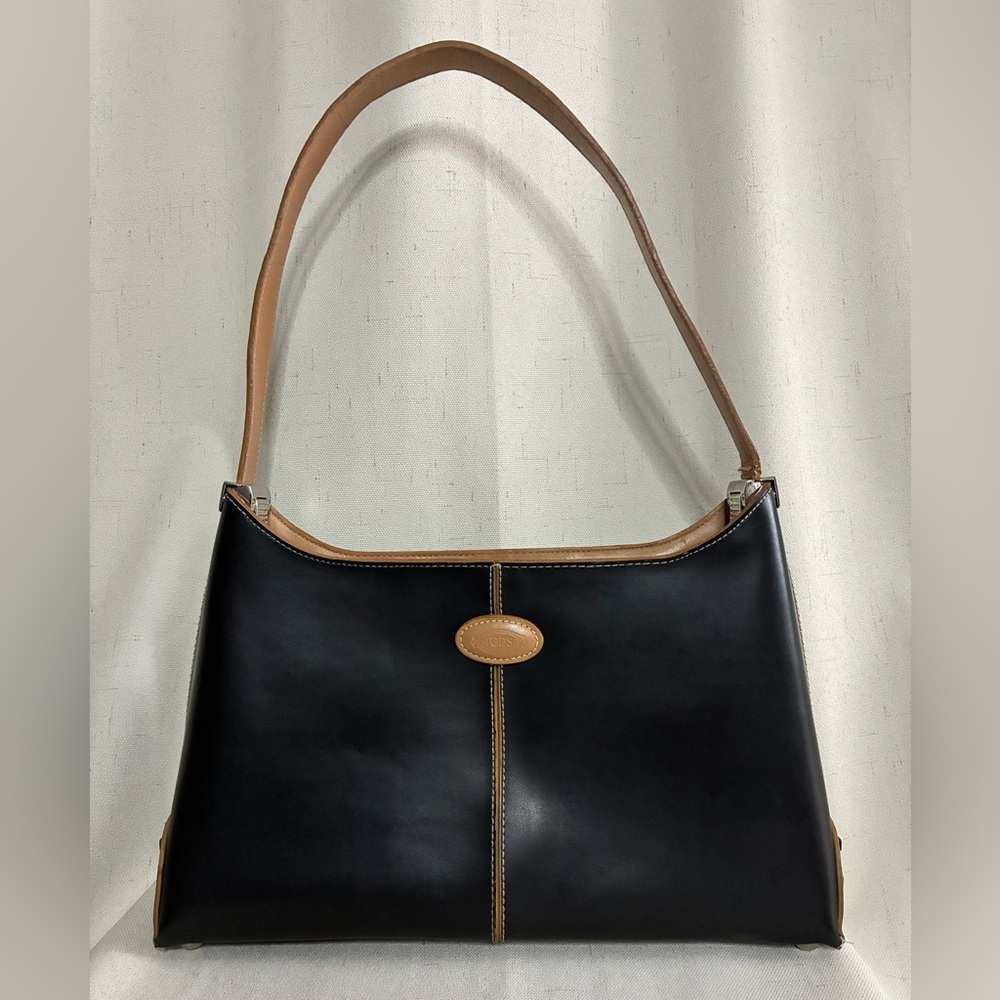 Black Shoulder Bag Tan Trim Structured Minimalist Classic